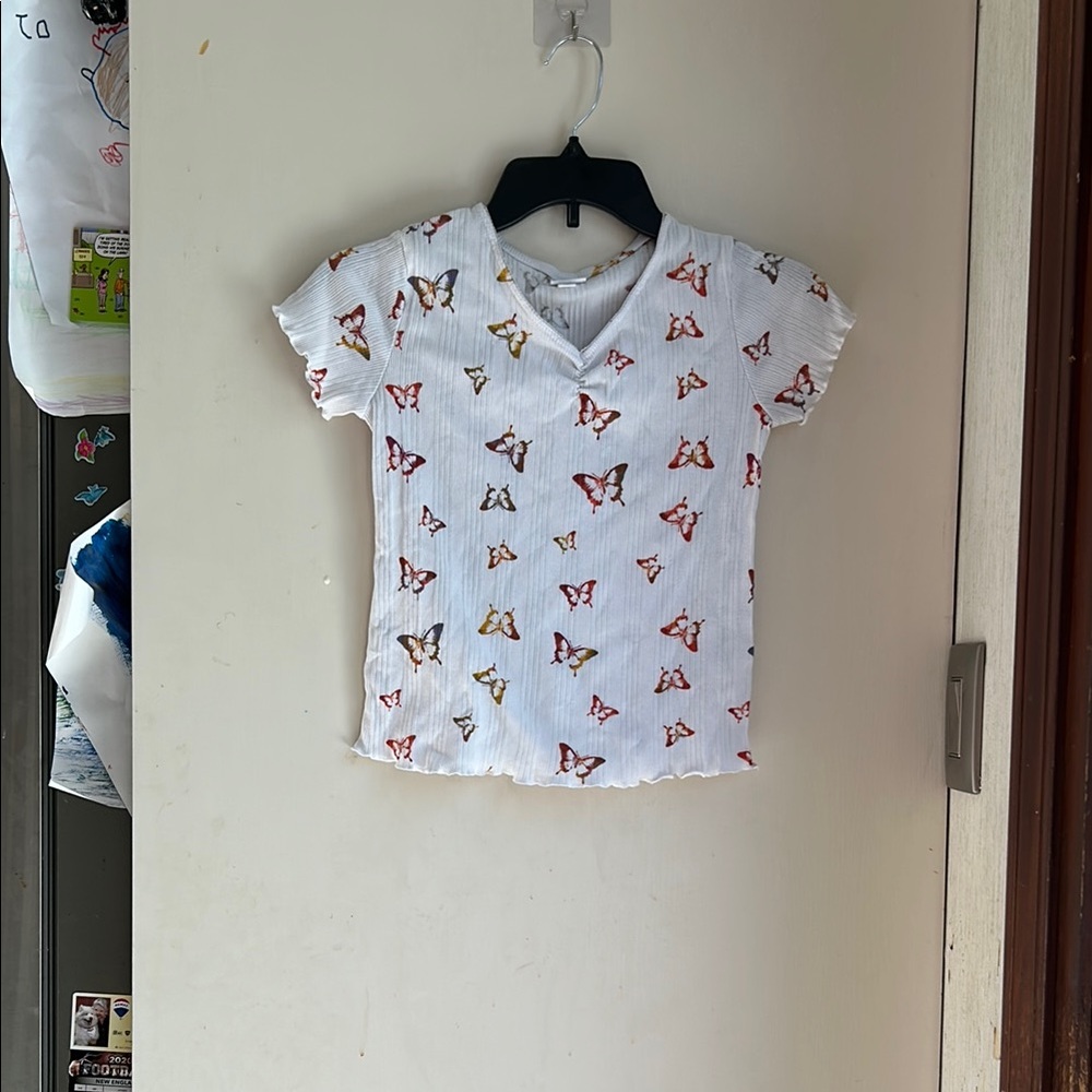 Kids White and Red Short Sleeve Tee with Butterfly Pattern